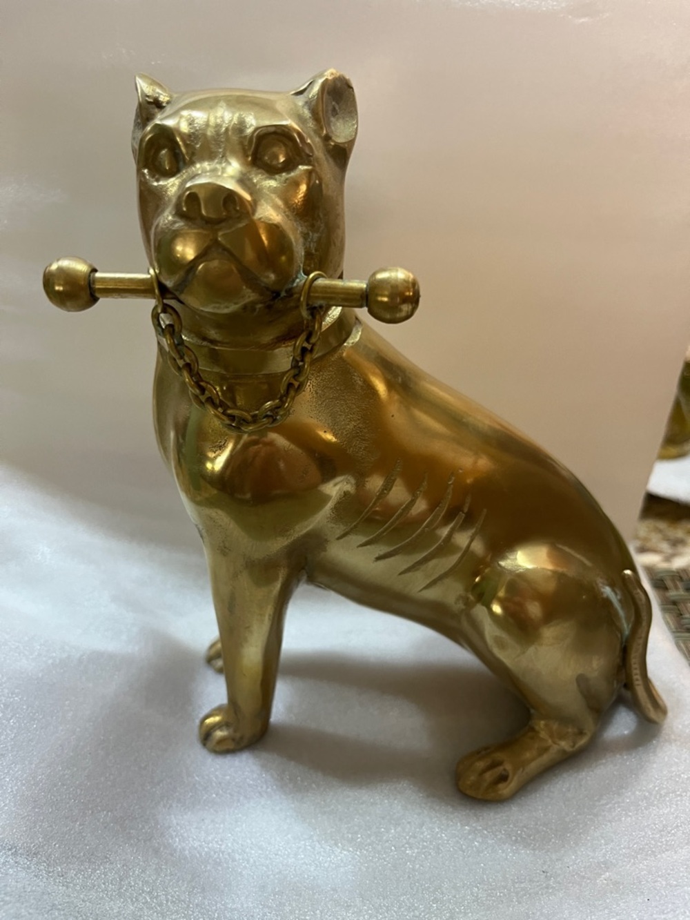 Brass Bulldog Figurine with Bar in Mouth - Gold Tone